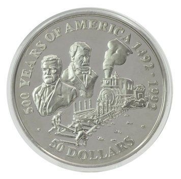 Монета Острови Кука 50 доларів 1991 Срібло Proof 500 років Відкриттю Америки &ndash; Перша залізниця США М22613 фото