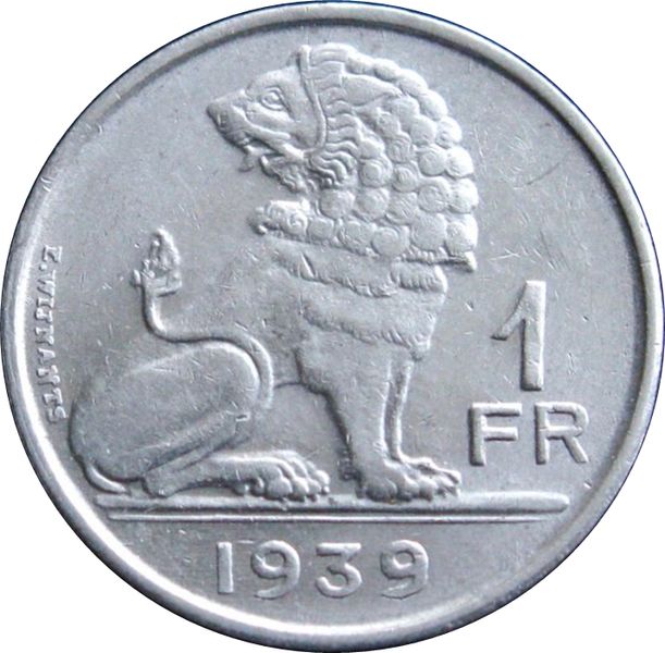 Belgium 1 franc 1939 F-VF Lion (KM # 119)