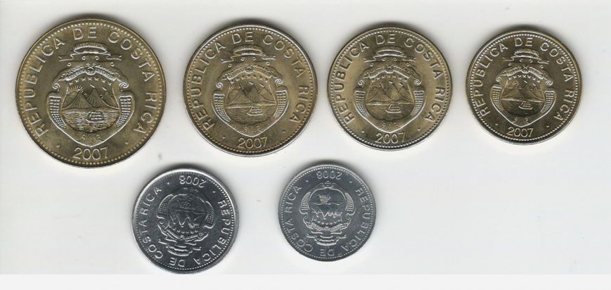 Costa Rica set of 6 coins 2007 UNC 5, 10, 25, 50, 100, 500 columns