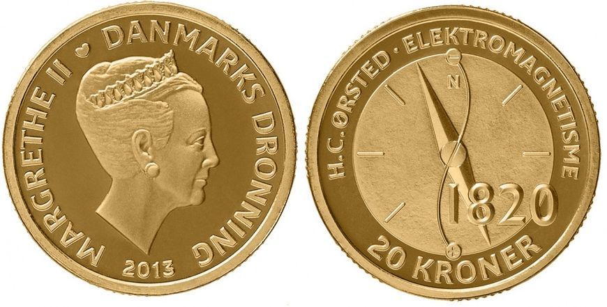 Монета Данія 20 крон 2013 &laquo;Данські вчені - Ханс Ерстед, електромагнетизм&raquo; UNC (KM#958) М02331 фото