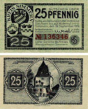 Banknote Germany Notgeld 25 pfennig 1919 F-VF Simmern