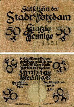 Banknote Germany Notgeld 50 pfennig 1919 G-VG Potsdam
