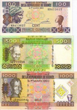 Guinea set of 3 banknotes 1998-2010 UNC 100, 500, 1000 francs