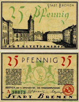 Banknote Germany Notgeld 25 pfennigs 1921 F-VF Bremen