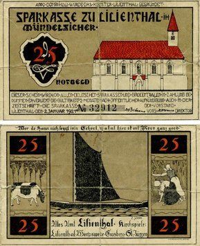 Banknote Germany Notgeld 25 pfennig 1921 F-VF Lilienthal Variety 2