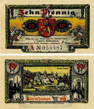 Banknote Germany Notgeld 10 pfennig 1921 F-VF Altenkirchen