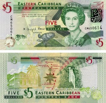 Eastern Caribbean 5 Dollars 2008 UNC Turtle Fish (P47)