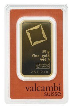 Инвестиционный золотой штампованный слиток Золото Au 999,9 50 грамм Valcambi (Швейцария) М22809 фото