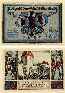 Banknote Germany Notgeld 50 pfennig 1921 F-VF Arnstadt Variety 4
