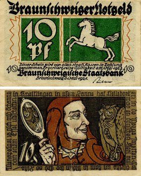 Banknote Germany Notgeld 10 pfennig 1921 F-VF Braunschweig Variety 3