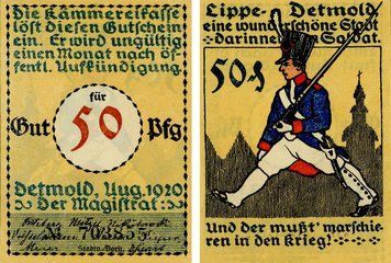 Banknote Germany Notgeld 50 pfennigs 1920 F-VF Detmold