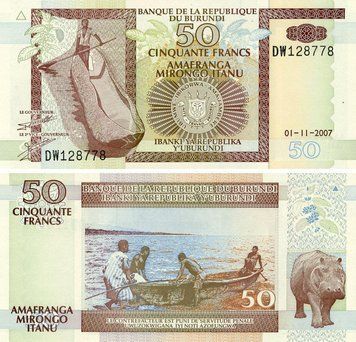 Банкнота Бурунді 50 франків 2007 UNC Бегемот Гіпопотам (P36g) Б23449 фото