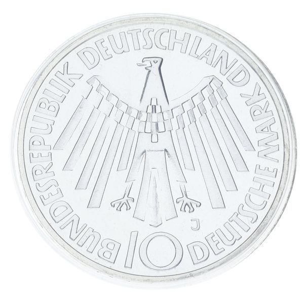 Монета Німеччина 10 марок 1972 Срібло Proof XX літні Олімпійські ігри в м. Мюнхен - Емблема In M&uuml;nchen М23330 фото