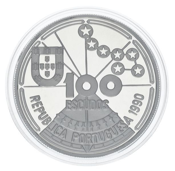 Coin Portugal 100 escudos 1990 Silver Proof Golden Age of Discovery - Celestial Navigation (Ag 925, 21 grams)