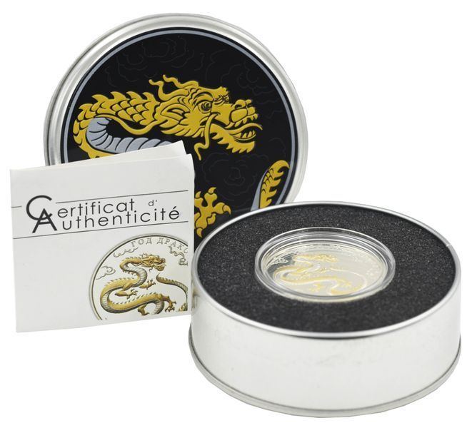 Coin Togo 1000 Francs 2012 Silver UNC Gilded Eastern Calendar - Year of the Dragon