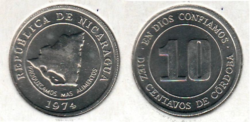 Монета Нікарагуа 10 сентаво 1974 VF-AU (KM#30) М02157 фото