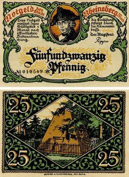 Banknote Germany Notgeld 25 pfennig F-VF Rheinsberg Variety 1