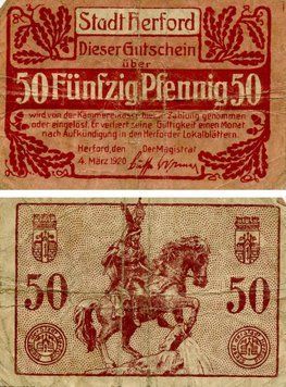 Banknote Germany Notgeld 50 pfennig 1920 F-VF Herford