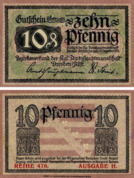 Banknote Germany Notgeld 10 pfennig 1918 F-VF Dresden