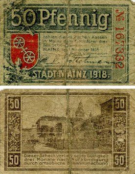 Banknote Germany Notgeld 50 pfennig 1918 G-VG Mainz