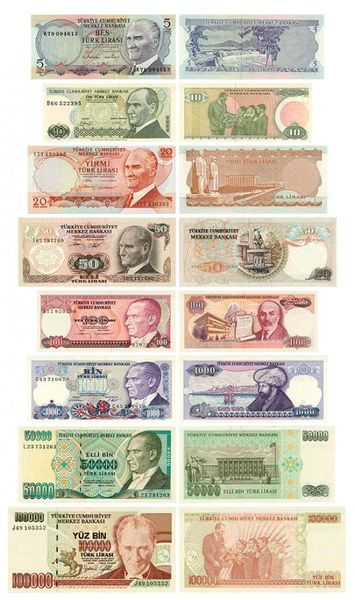 Turkey set of 8 banknotes 1970-1995 UNC 5, 10, 20, 50, 100, 1000, 50,000, 100,000 lira