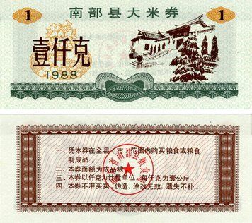 Banknote China 1 unit 1988 UNC food stamp (Rice money)
