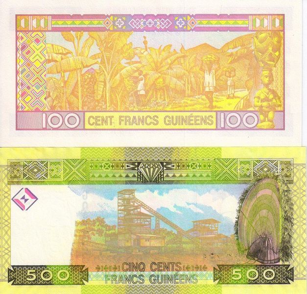 Guinea set of 2 banknotes 2006-2012 UNC 100, 500 francs