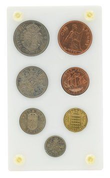 Набір монет Великобританія набір з 7 монет 1964 AU-UNC 3, 6 пенсів, 1, 2 шилінги, 0,5, 1 пенні, 0,5 крони М23760 фото