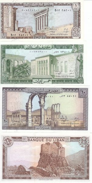 Набор банкнот Ливан набор из 7 банкнот 1980-1988 UNC 1, 5, 10, 25, 50, 100, 250 ливров Б06611 фото