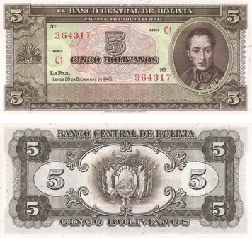 Bolivia 5 Bolivian 1945 AU-UNC (P138)