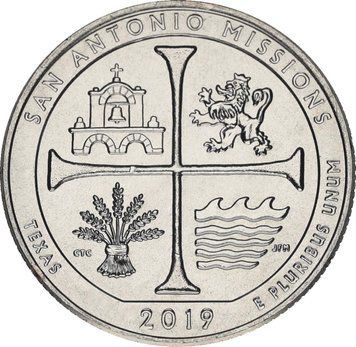 Монета США 25 центів (квотер) 2019 P UNC 49-й парк - Національний історичний парк Сан-Антоніо Міссіонс М12215 фото