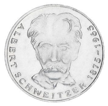 Монета Німеччина 5 марок 1975 Срібло F-VF 100 років від дня народження Альберта Швейцера (Ag 625, 11,2 г) М19823 фото