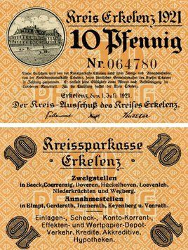 Banknote Germany Notgeld 10 pfennig 1921 F-VF Erkelenz