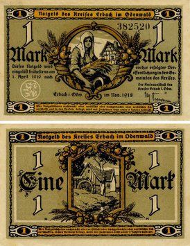 Banknote Germany Notgeld 1 mark 1918 F-VF Odenwald