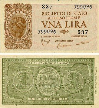 Banknote Italy 1 lira 1944 AU-UNC Signatures Bolaffi / Cavallaro / Giov (P29b)