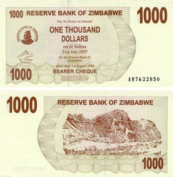 Zimbabwe 1000 Dollars 2006 AU-UNC (P44)
