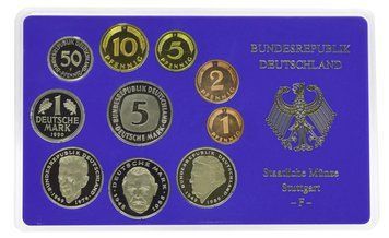 Набір монет Німеччина набір з 10 монет 1990 Proof F 1, 2, 5, 10, 50 пфенігів, 1, 2, 2, 2, 5 марок у сувенірній упаковці М22736 фото