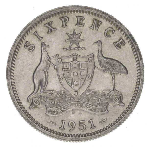 Coin Australia 6 pence 1951 Silver F-VF (Ag 500, 2.83 gram)