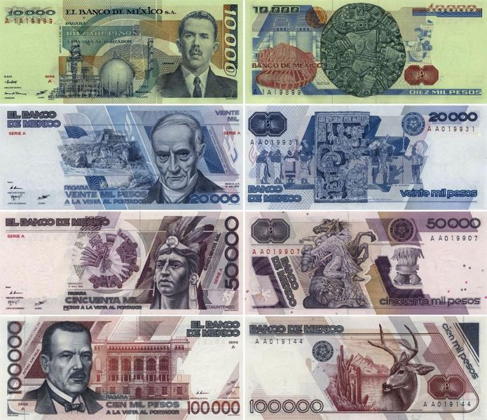 Mexico set of 4 banknotes 1981-1988 UNC 10000, 20,000, 50,000, 100,000 pesos