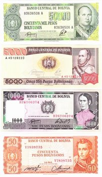 Bolivia set of 4 banknotes 1962-1984 UNC