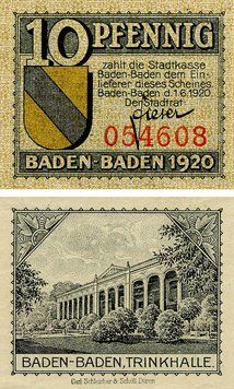 Banknote Germany Notgeld 10 pfennig 1920 F-VF Baden-Baden
