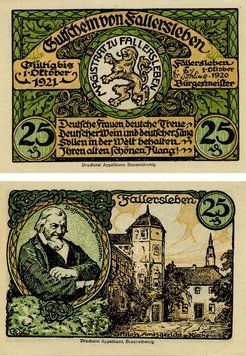 Banknote Germany Notgeld 25 pfennigs 1921 F-VF Fallersleben