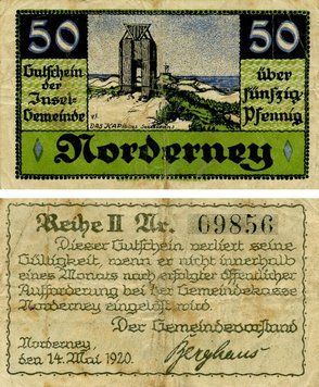 Banknote Germany Notgeld 50 pfennig 1920 F-VF Nordenai