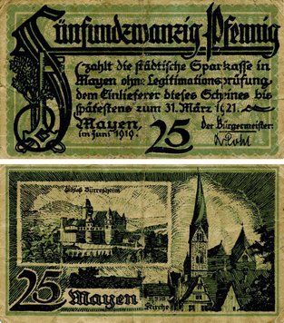 Banknote Germany Notgeld 25 pfennig 1921 F-VF Mayen