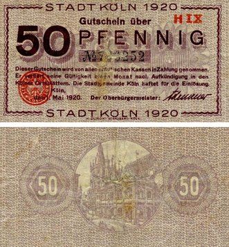 Banknote Germany Notgeld 50 pfennig 1920 G-VG Cologne Variety 1