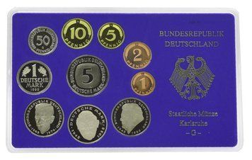 Набір монет Німеччина набір з 10 монет 1990 Proof G 1, 2, 5, 10, 50 пфенігів, 1, 2, 2, 2, 5 марок у сувенірній упаковці М22737 фото