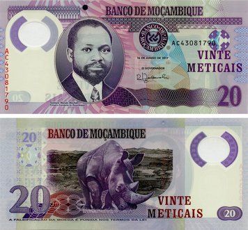 Banknote Mozambique 20 Metical 2017 Polymer UNC Rhino (P149)