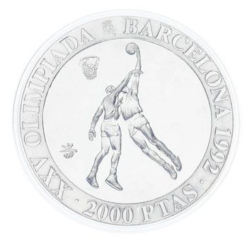 Монета Іспанія 2000 песет 1990 Срібло UNC XXV літні Олімпійські ігри в Барселоні 1992 року - Баскетбол М19774 фото