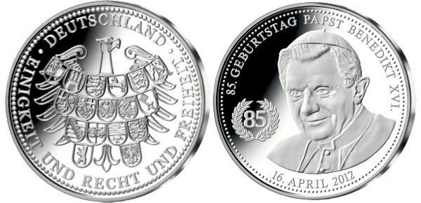 Медаль Німеччина Пам'ятна медаль 2012 &laquo;85 років Папі Бенекдікту XVI&raquo; Срібло UNC М02913 фото