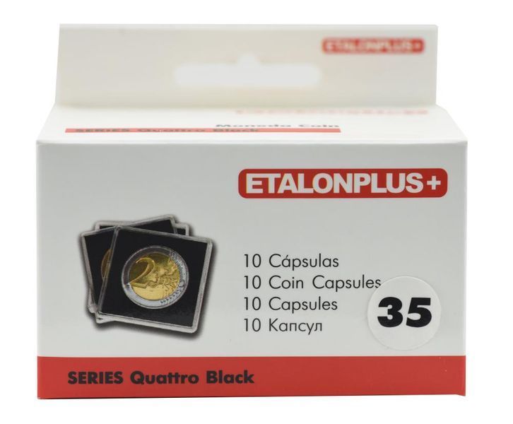 Square capsules for coins 35 mm. (10 pieces, 50*50 mm.) Etalonplus Black liner